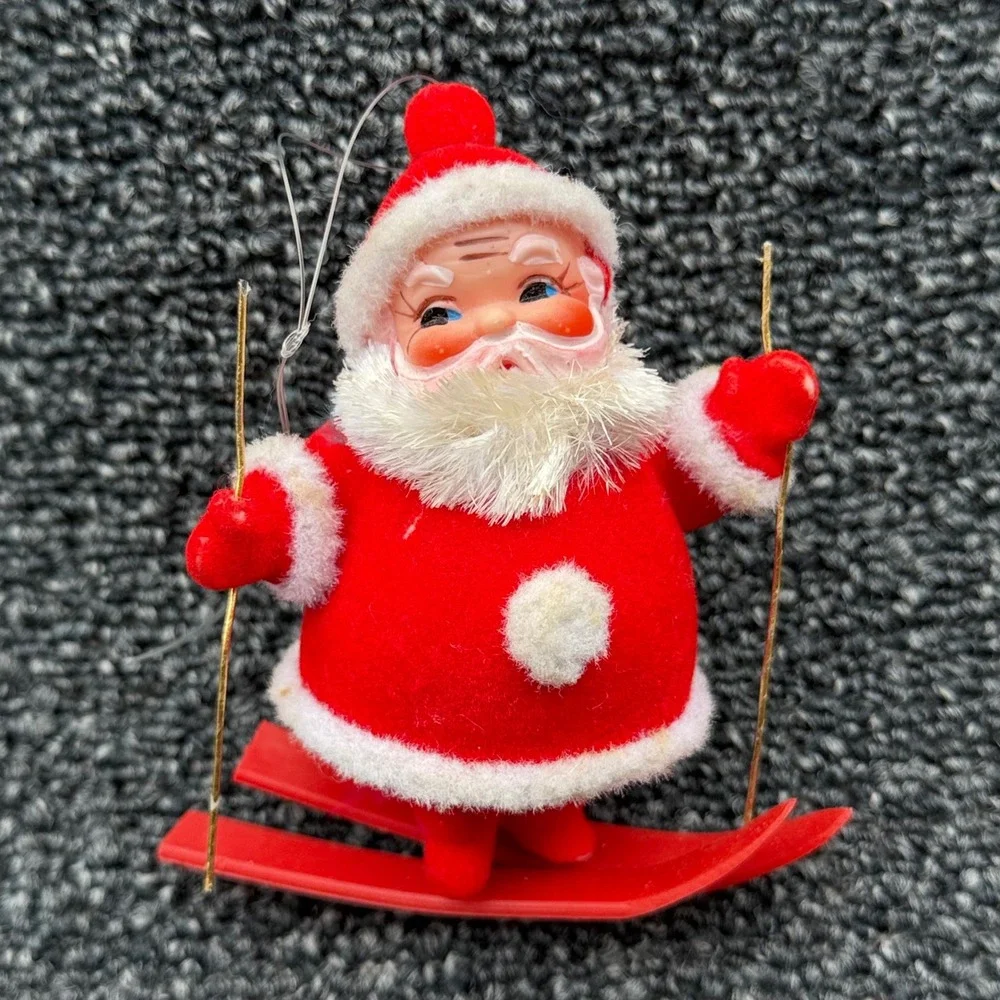 Vintage Flocked Christmas Ornaments Set Santa Skier Reindeer Mouse Mid‎ Century